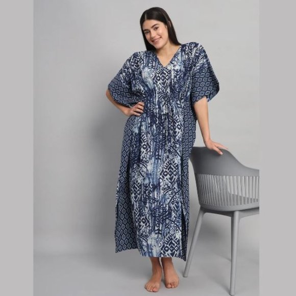 BRAND NEW Indigo Blue Hand Block Print Women's Kaftan Summer Dress Gift For Her - Picture 1 of 7